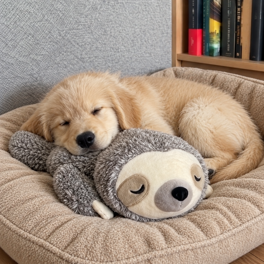 Golden-Retriever-Welpe ruht auf dem Faultier-Kuscheltier in einem beigen Körbchen.